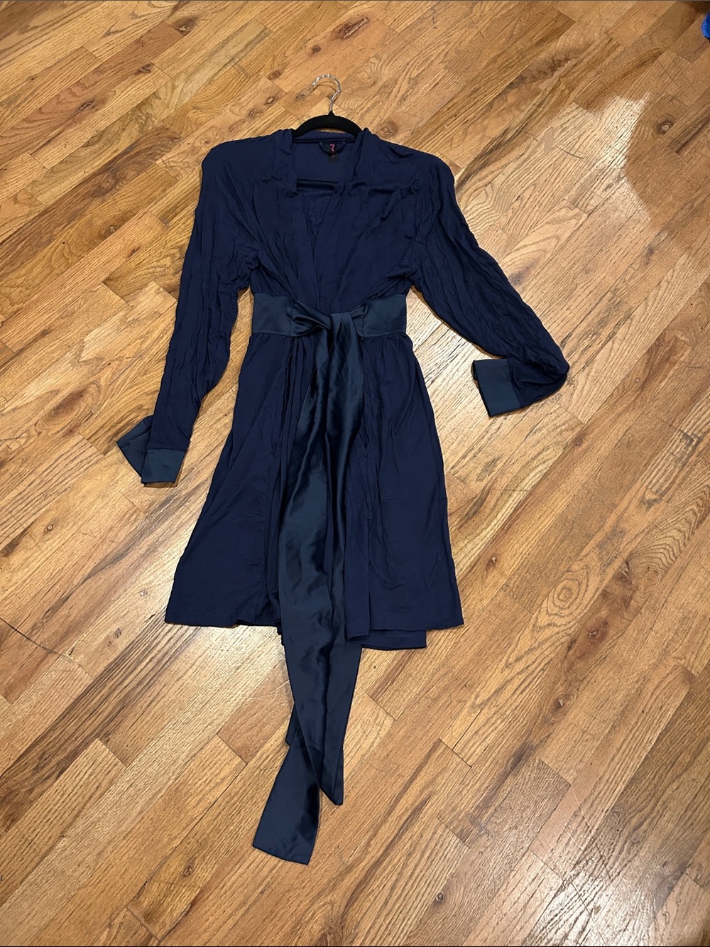 Womens Navy Satin-Trim Robe with Waist Tie